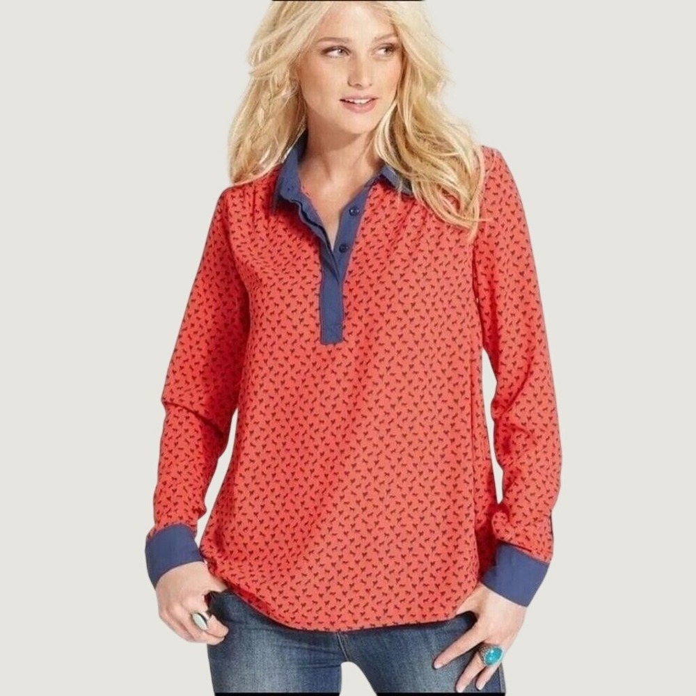 Free People Horse Print Blouse Women S Red Navy Blue Polyester Long Sleeve Top